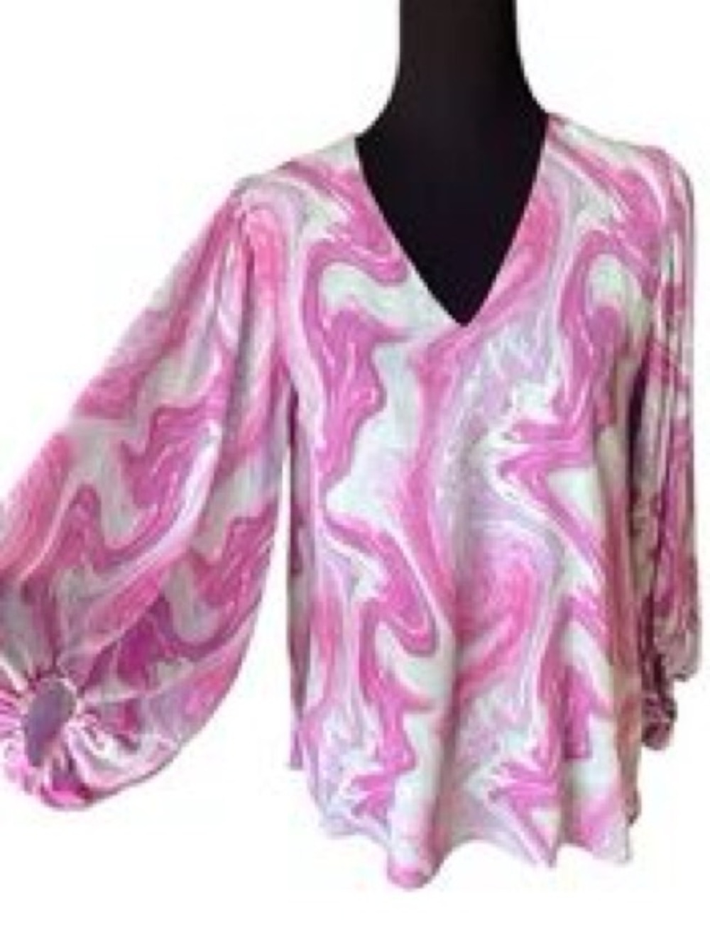 NEW Adrienne size small pink/light blue marble swirl print v-neck balloon sleeve